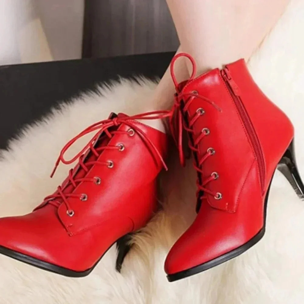 Red  Kitten Heels Lace Up Ankle Boots Low Mid Side Zipper Short BootiES